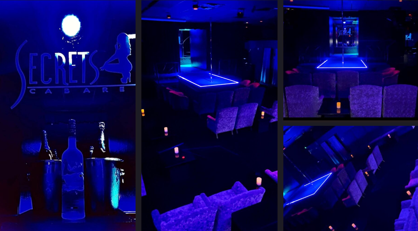 Secrets Cabaret interior collage with bottle service, lounge seating, and illuminated stages